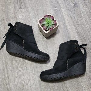 Fly London Yellow Yama Black Suede Booties Sz 9.5